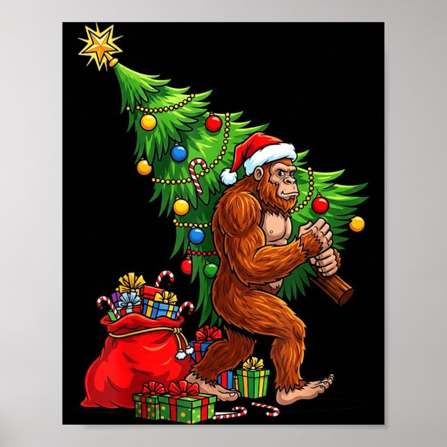 Poster Bigfoot Christmas Tree Xmas Lights Funny Sasquatch (Frente)