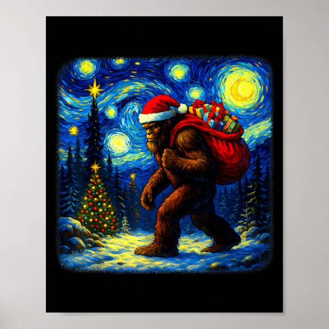 Poster Bigfoot Santa Christmas Starry Night Sasquatch Van (Frente)