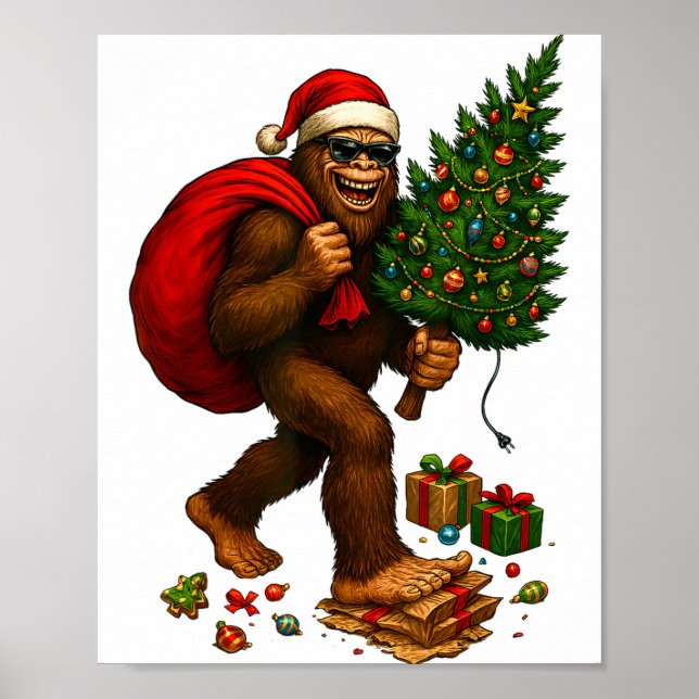 Poster Bigfoot Santa Christmas Tree Lights Xmas Boys Men  (Frente)