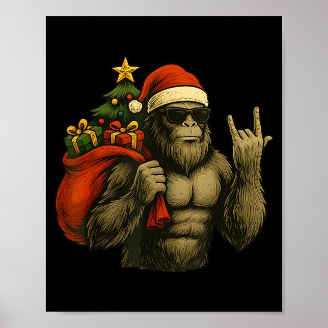 Poster Bigfoot Santa Christmas Tree Rock On Funny Xmas Sa (Frente)