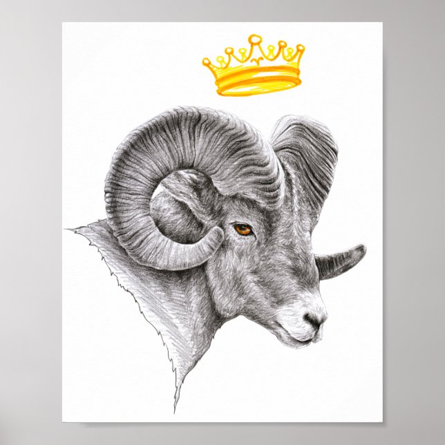 Poster Bighorn Ram com Coroa Aries Zodiac Arte Animal (Frente)