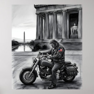 Poster Biker at Lincoln Memorial Washington Monument 