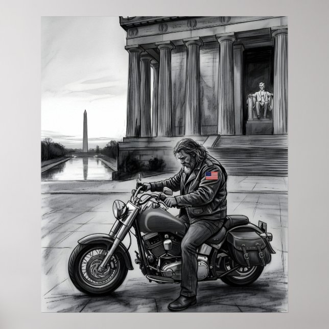 Poster Biker at Lincoln Memorial Washington Monument  (Frente)