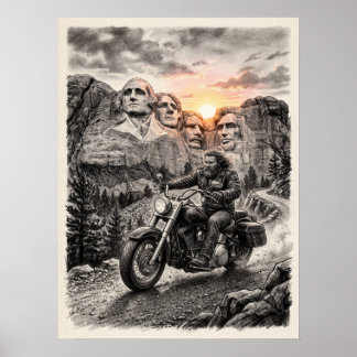 Poster Biker Rides Past Mount Rushmore Presidents Sunset 