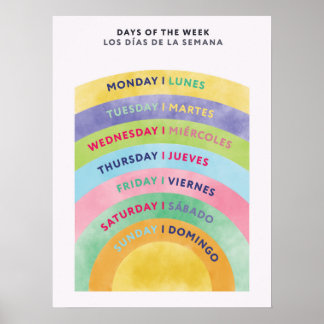 Poster Bilingue em Inglês Espanhol Dias da Semana