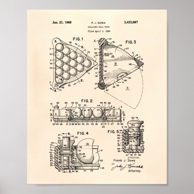 Póster Billiard Ball Rack 1969 Patent Art - Antigo Peper (Frente)