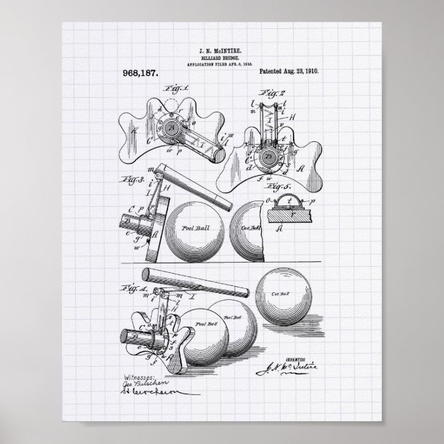 Poster Billiard Bridge 1910 Patent Art - Lined Peper (Frente)