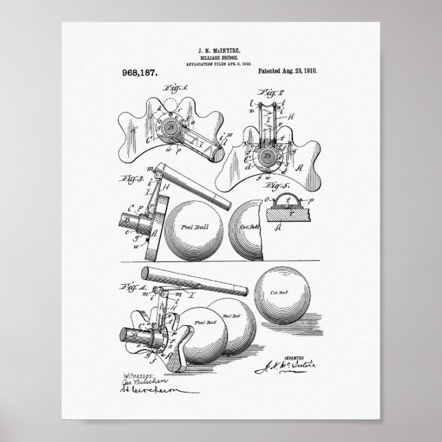 Póster Billiard Bridge 1910 Patent Art - Livro Branco (Frente)
