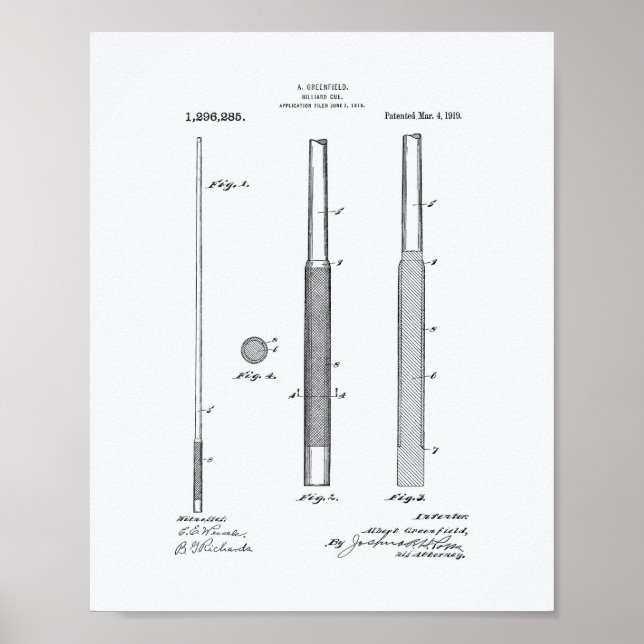 Póster Billiard Cue 1919, Patent Art - Livro Branco (Frente)