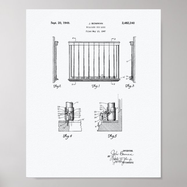 Póster Billiard Cue Lock 1949 Patent Art - White Paper (Frente)