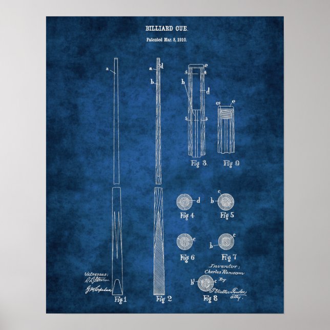 Poster Billiard Cue Patent Blueprint n.º 4 Arte da Sala d (Frente)