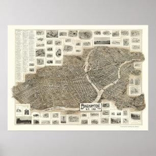 Póster Binghamton, mapa panorâmico de NY - 1901