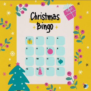 Póster Bingo de Natal Ilustrativo Amarelo e Rosa