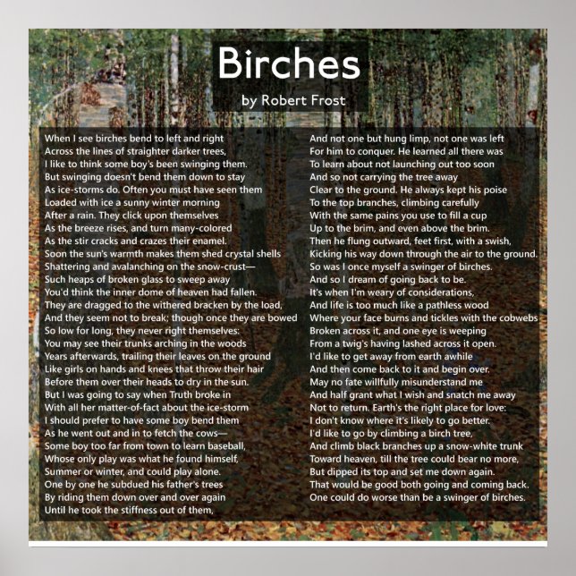 Póster Birches de Robert Frost Complete Poem/Birkenwald (Frente)