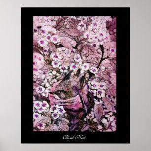 Póster BIRD NEST,TREE PINK WHITE SPRING FLOWERS Black