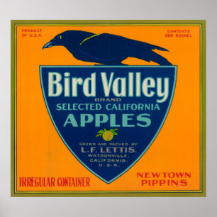 Póster Bird Valley Apple Crate LabelWatsonville, CA