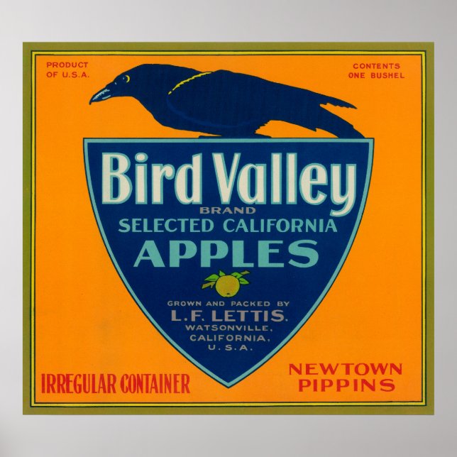 Póster Bird Valley Apple Crate LabelWatsonville, CA (Frente)