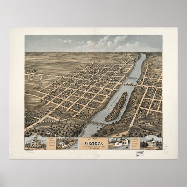 Póster Bird's Eye View of Genebra, Illinois (1869) (Frente)