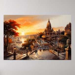Poster Birla style Indian Hindu temple watercolor