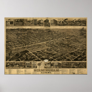 Póster Birmingham Alabama 1885 mapas panorâmicos