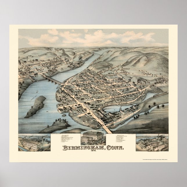 Póster Birmingham, CT Mapa Panorâmico - 1876 (Frente)
