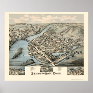 Póster Birmingham, mapa panorâmico do CT - 1876