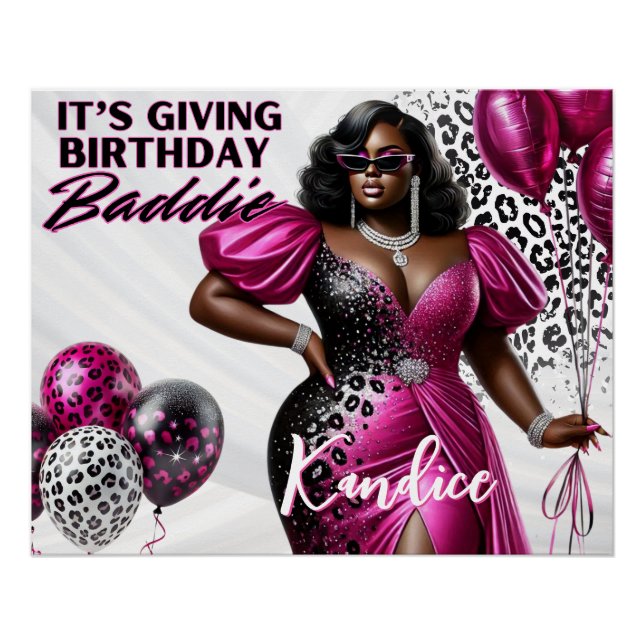 Póster Birthday Baddie Pink & Black Leopard Glam Party (Frente)