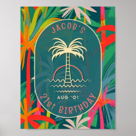 Poster Birthday Beach party palm Tree sunset Watercolor