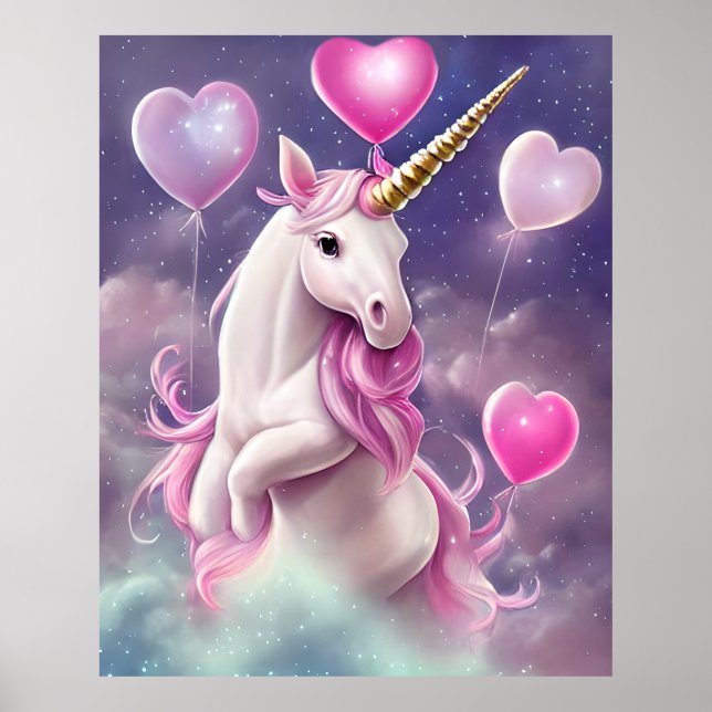 Poster Birthday Girl Fantasy Unicorn com Balões Rosa (Frente)