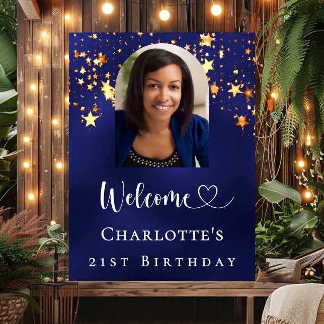 Poster Birthday navy blue gold stars arch photo welcome (Criador carregado)