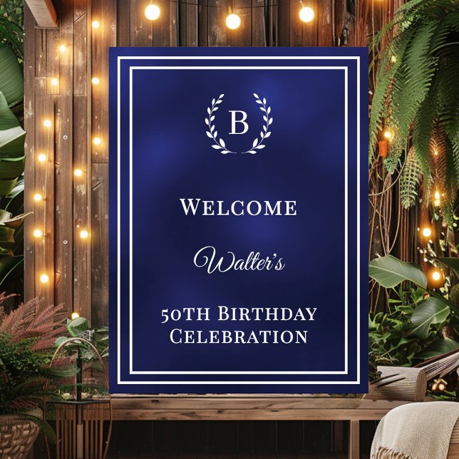 Poster Birthday navy blue monogrammed elegant welcome (Criador carregado)