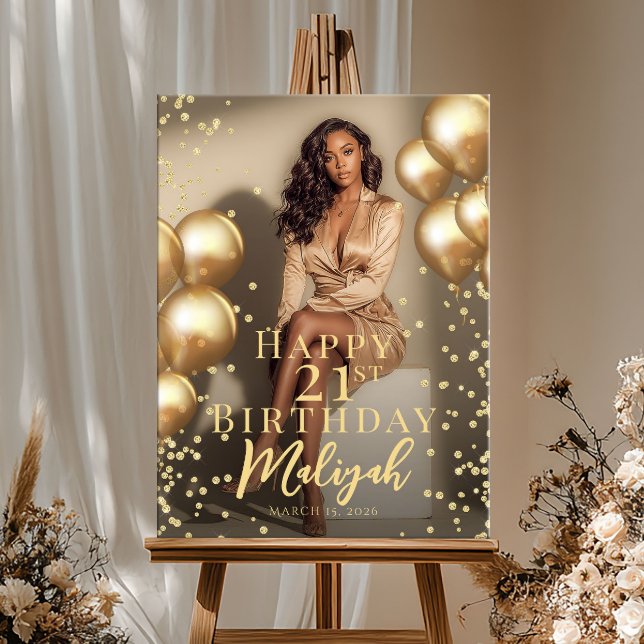 Poster Birthday party photo gold balloons welcome (Criador carregado)
