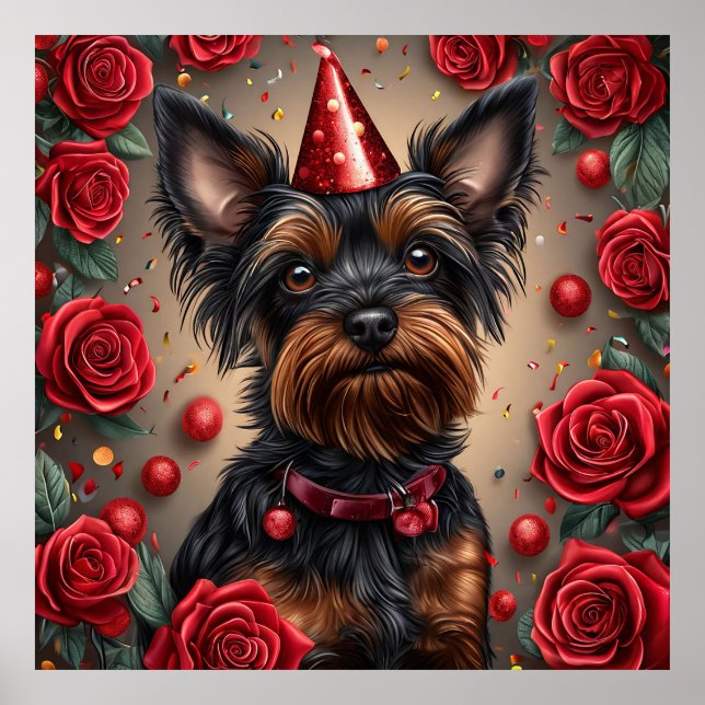 Poster Birthday Yorkshire Terrier Partido Vestido (Frente)