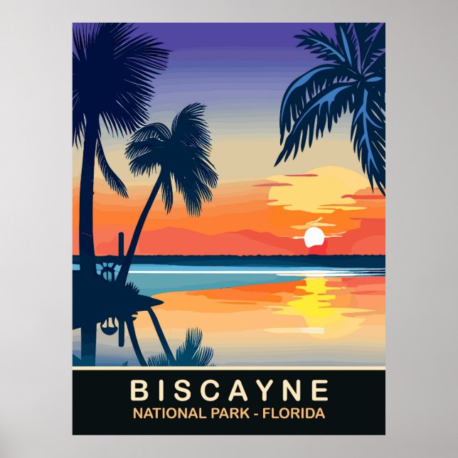 Poster Biscayne, Pôr do Sol de Verão na Flórida, Viagem (Frente)