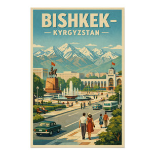 Póster Bishkek cidade, Quirguistão viagem retro