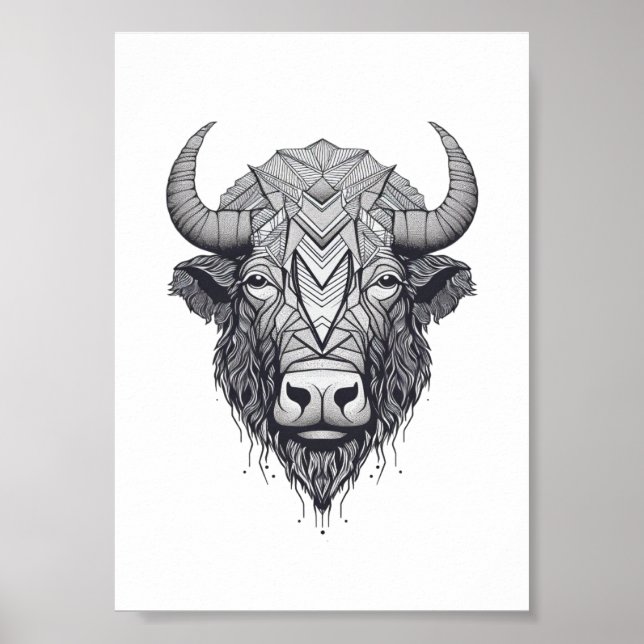Poster Bison Buffalo Preto e Retrato Branco (Frente)