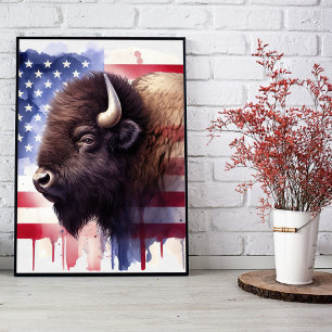 Poster Bison com bandeira dos Estados Unidos da América