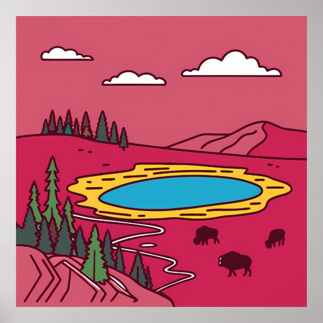 Poster Bison Graze by Geothermal Pool in Yellowstone (Frente)