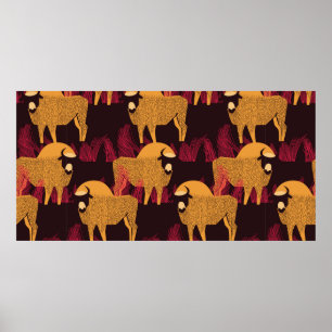 Poster Bison num campo com um padrão de erva elevada sem