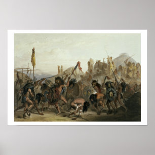 Póster Bisonte-Dança dos indianos de Mandan na frente do