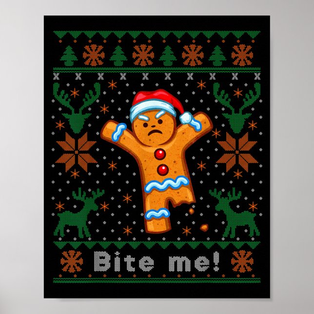 Poster Bite Me Gingerbread Man - Funny Ugly Christmas Swe (Frente)