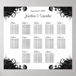 Póster Black and White 13 Wedding Tables Seating Charts