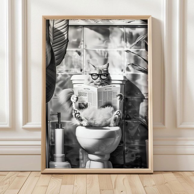 Poster Black and White Bathroom Cat Print, Funny Posters, (Criador carregado)