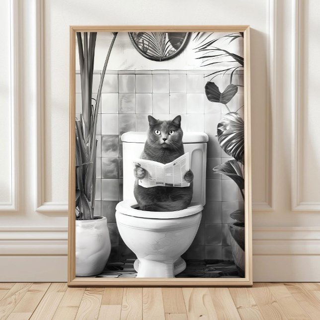 Poster Black and White Bathroom Cat Print, Funny Posters, (Criador carregado)
