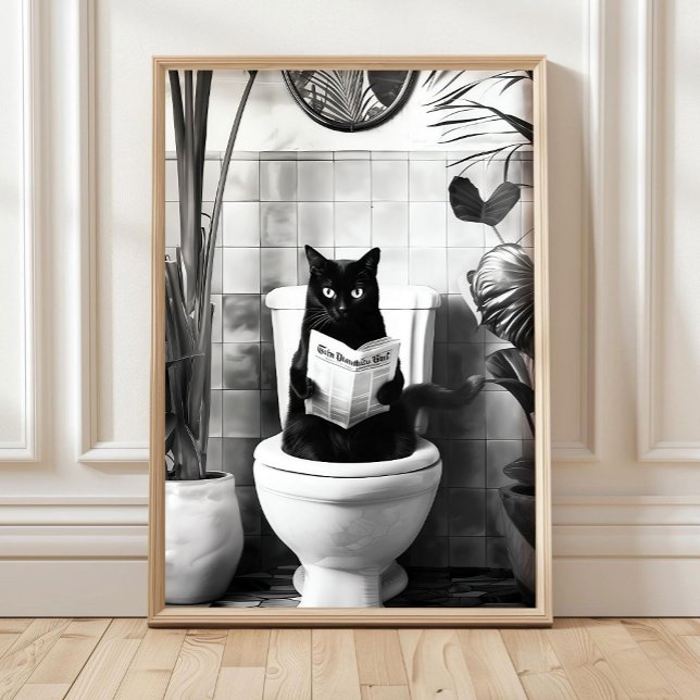 Poster Black and White Bathroom Cat Print, Funny Posters, (Criador carregado)