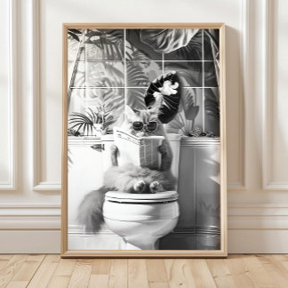 Poster Black and White Bathroom Cat Print, Funny Posters,