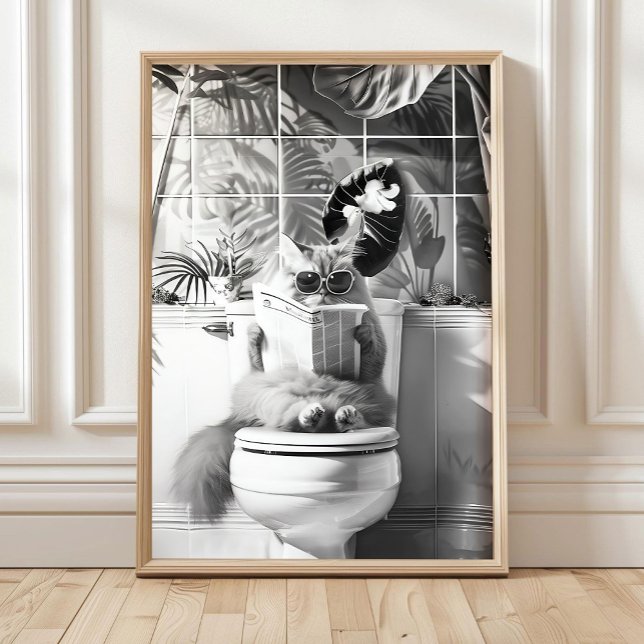 Poster Black and White Bathroom Cat Print, Funny Posters, (Criador carregado)