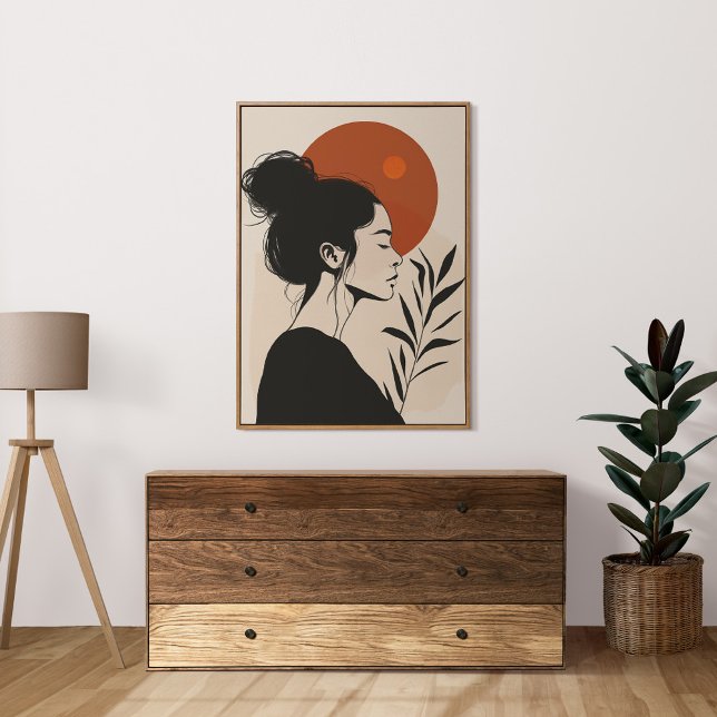 Poster Black and White Female Retrato Red Sun (Black and White Female Portrait Red Sun Poster in a neutral boho living room.)