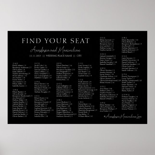 Poster Black and White Wedding Alphabetical Seating Chart (Frente)