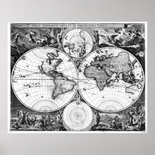 Póster Black and White World Map (1690)